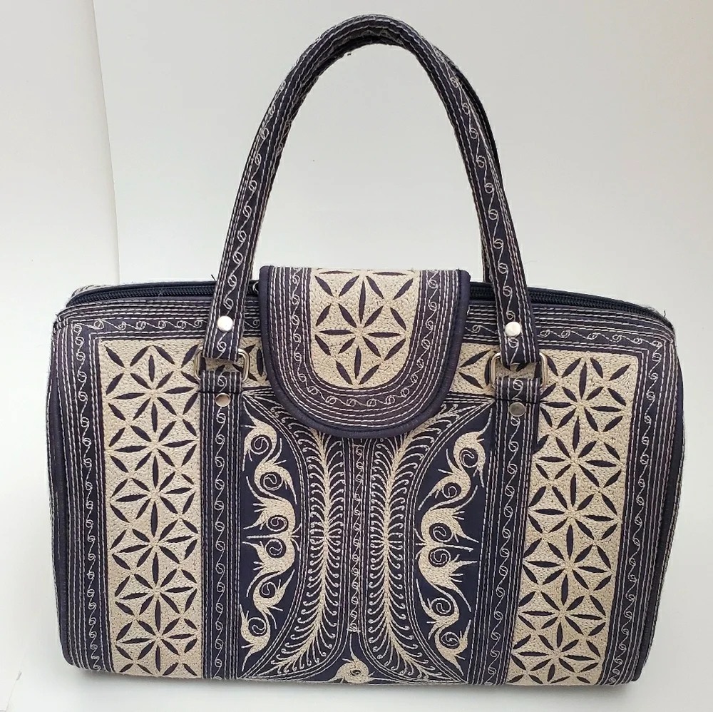 Embroidered Canvas Tote Bag in Black and Cream